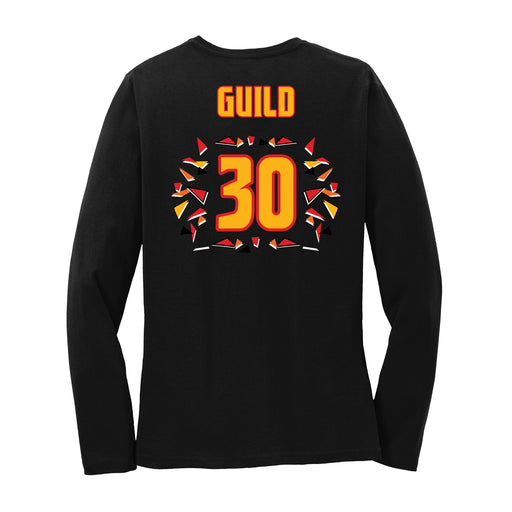 Back angle of the Jerry Guild Jr MAS Kansas City Kings Wheelchair Basketball Amplife Women's Black Long Sleeve T-Shirt against a white background
