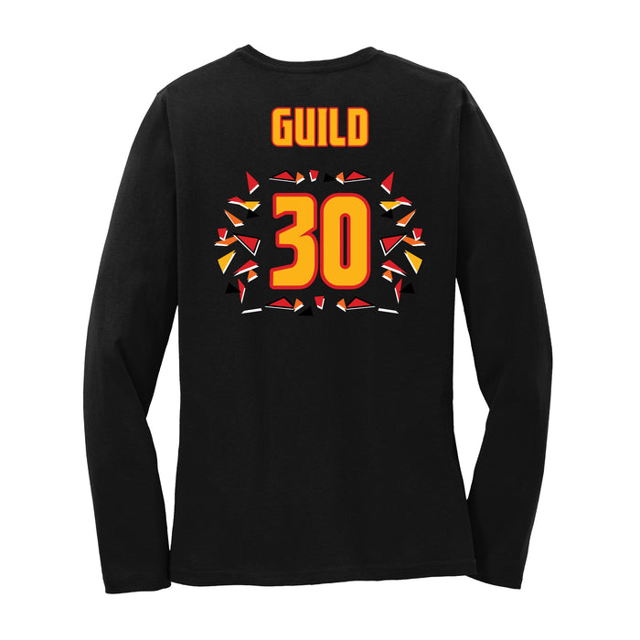 Back angle of the Jerry Guild Jr MAS Kansas City Kings Wheelchair Basketball Amplife Women's Black Long Sleeve T-Shirt against a white background