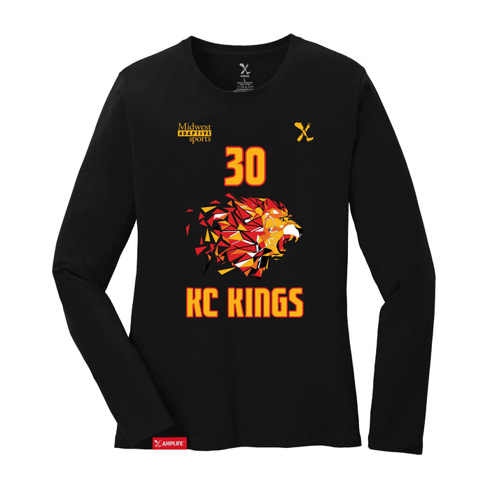 Front angle of the Jerry Guild Jr MAS Kansas City Kings Wheelchair Basketball Amplife Women's Black Long Sleeve T-Shirt against a white background