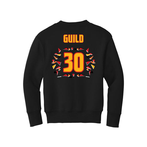 Back angle of the Jerry Guild Jr MAS Kansas City Kings Wheelchair Basketball Amplife Youth Black Crewneck Sweatshirt against a white background