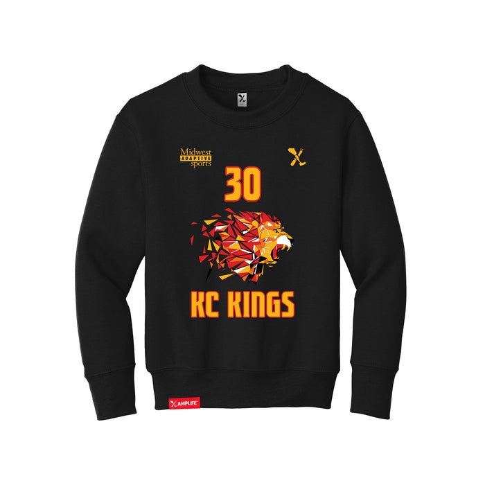 Front angle of the Jerry Guild Jr MAS Kansas City Kings Wheelchair Basketball Amplife Youth Black Crewneck Sweatshirt against a white background
