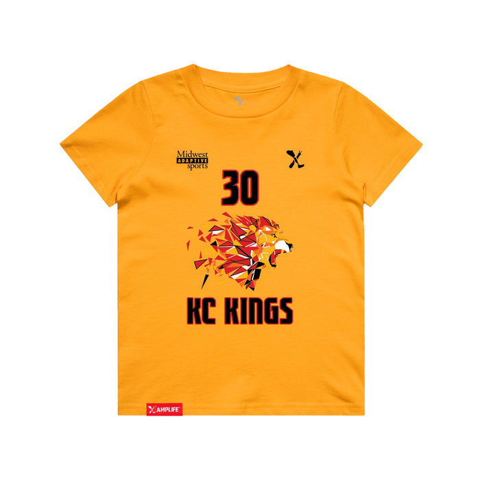 Front angle of the Jerry Guild Jr MAS Kansas City Kings Wheelchair Basketball Amplife Youth Gold T-Shirt against a white background