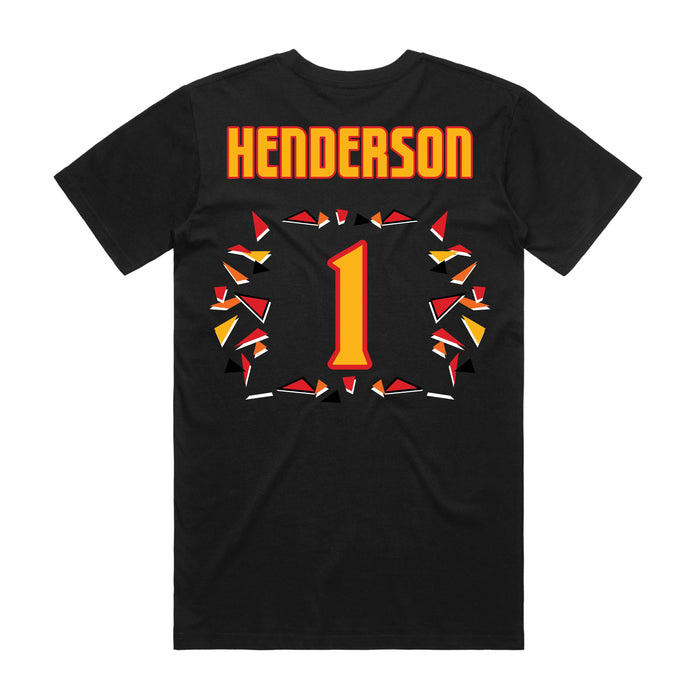 Back angle of the Karson Henderson MAS Kansas City Kings Wheelchair Basketball Amplife Black T-Shirt against a white background