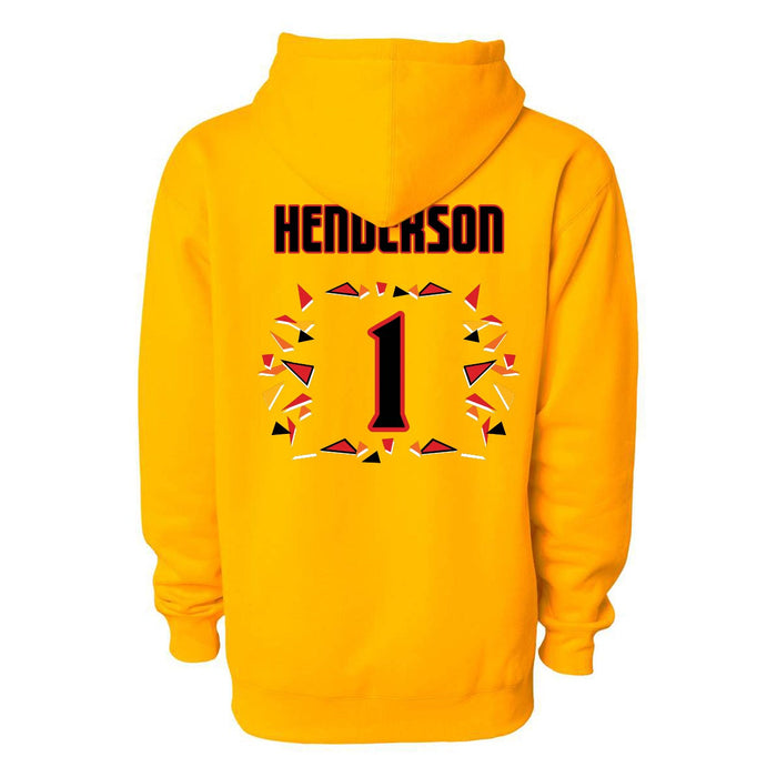 Back angle of the Karson Henderson MAS Kansas City Kings Wheelchair Basketball Amplife Gold Hoodie against a white background