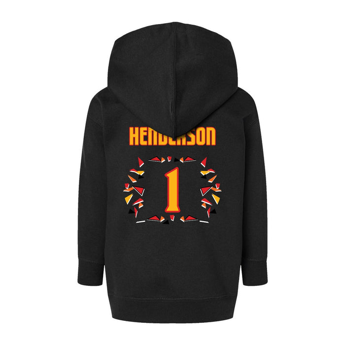 Back angle of the Karson Henderson MAS Kansas City Kings Wheelchair Basketball Amplife Toddler Black Hoodie against a white background