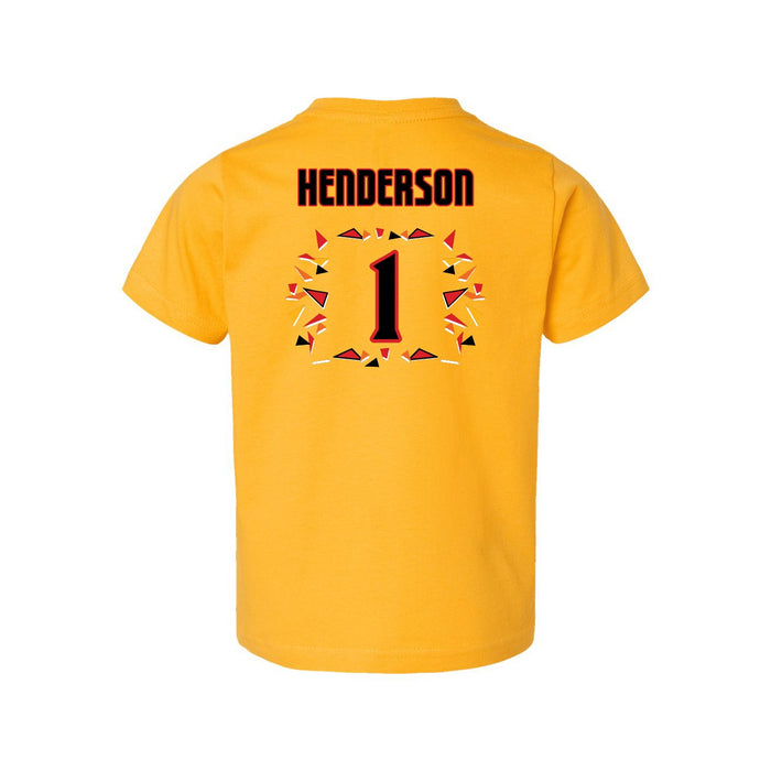 Back angle of the Karson Henderson MAS Kansas City Kings Wheelchair Basketball Amplife Toddler Gold T-Shirt against a white background