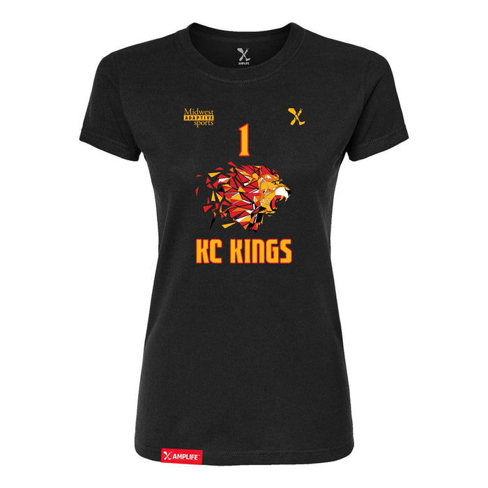 Front angle of the Karson Henderson MAS Kansas City Kings Wheelchair Basketball Amplife Women's Black Slim T-Shirt against a white background