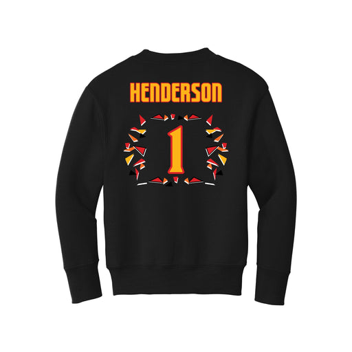 Back angle of the Karson Henderson MAS Kansas City Kings Wheelchair Basketball Amplife Youth Black Crewneck Sweatshirt against a white background