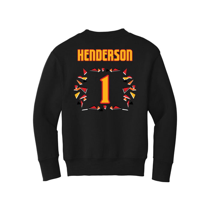 Back angle of the Karson Henderson MAS Kansas City Kings Wheelchair Basketball Amplife Youth Black Crewneck Sweatshirt against a white background