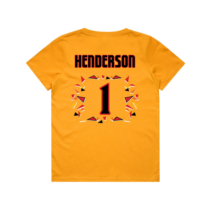 Back angle of the Karson Henderson MAS Kansas City Kings Wheelchair Basketball Amplife Youth Gold T-Shirt against a white background