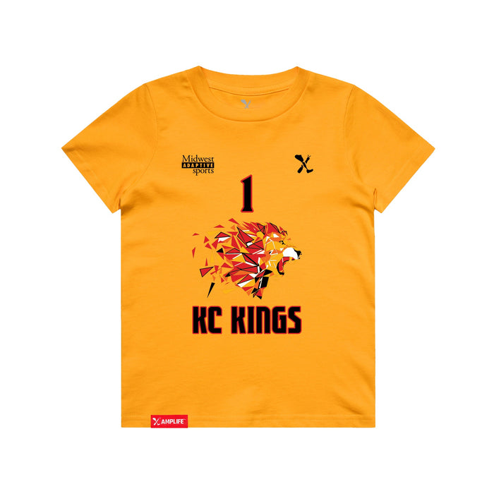Front angle of the Karson Henderson MAS Kansas City Kings Wheelchair Basketball Amplife Youth Gold T-Shirt against a white background