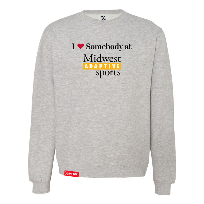 MAS Kansas City Kings Wheelchair Basketball I Love Somebody at MAS Heather Grey Crewneck Sweatshirt on a white background