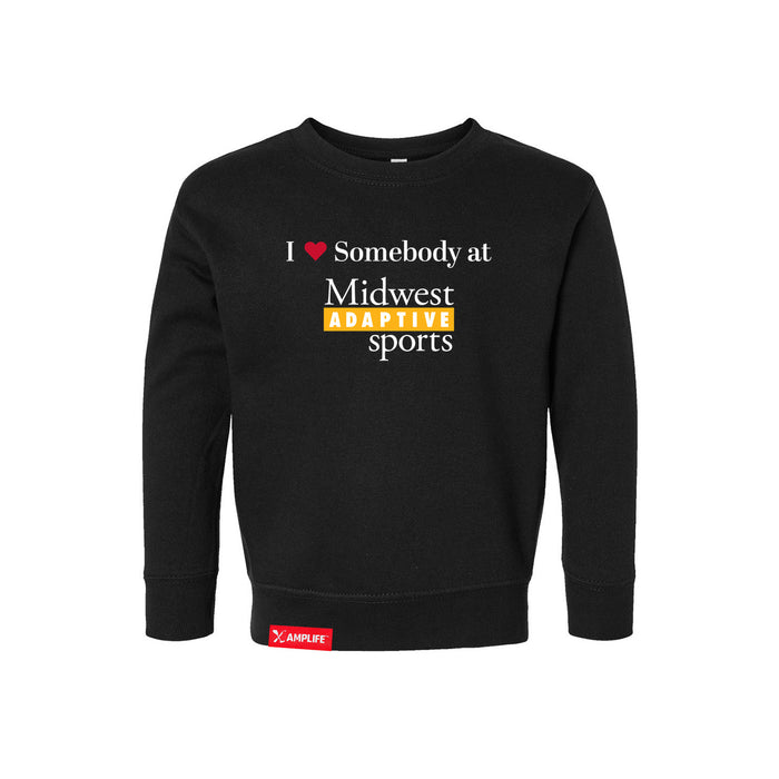 MAS Kansas City Kings Wheelchair Basketball I Love Somebody at MAS Toddler Black Crewneck Sweatshirt on a white background