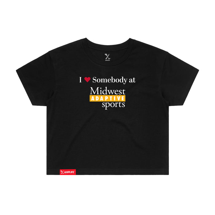 MAS Kansas City Kings Wheelchair Basketball I Love Somebody at MAS Women's Black Crop T-Shirt on a white background