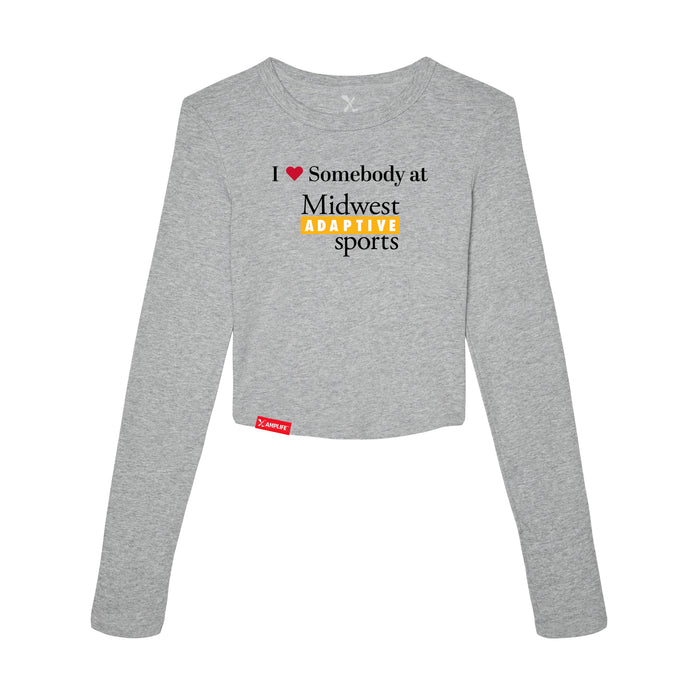 MAS Kansas City Kings Wheelchair Basketball I Love Somebody at MAS Women's Heather Grey Crop Long Sleeve T-Shirt on a white background