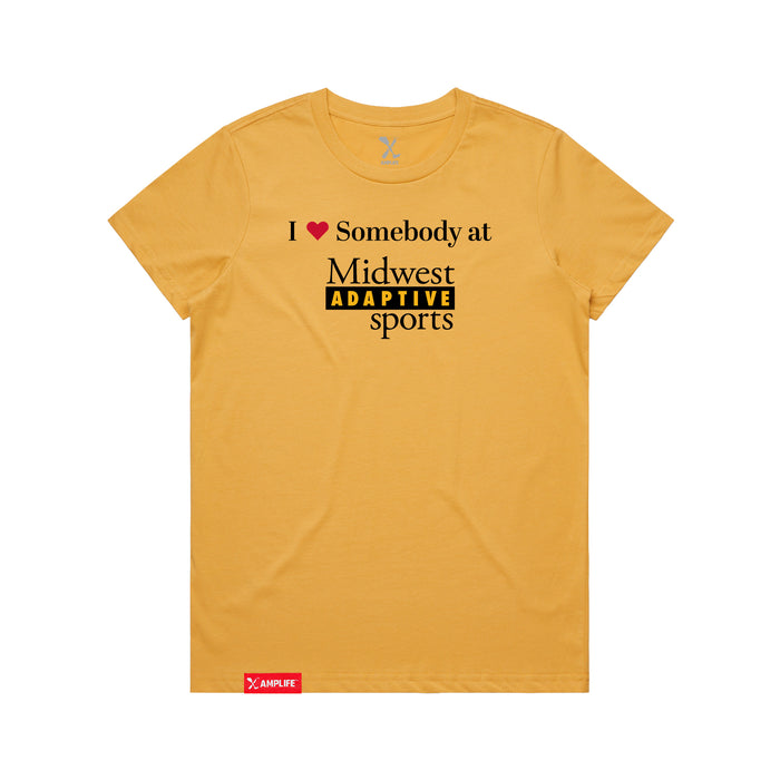 MAS Kansas City Kings Wheelchair Basketball I Love Somebody at MAS Women's Mustard T-Shirt on a white background