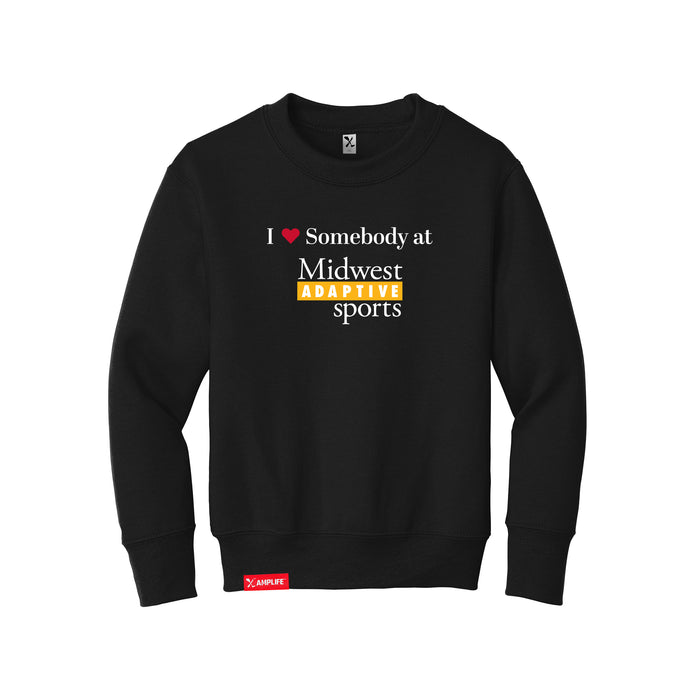 MAS Kansas City Kings Wheelchair Basketball I Love Somebody at MAS Youth Black Crewneck Sweatshirt on a white background