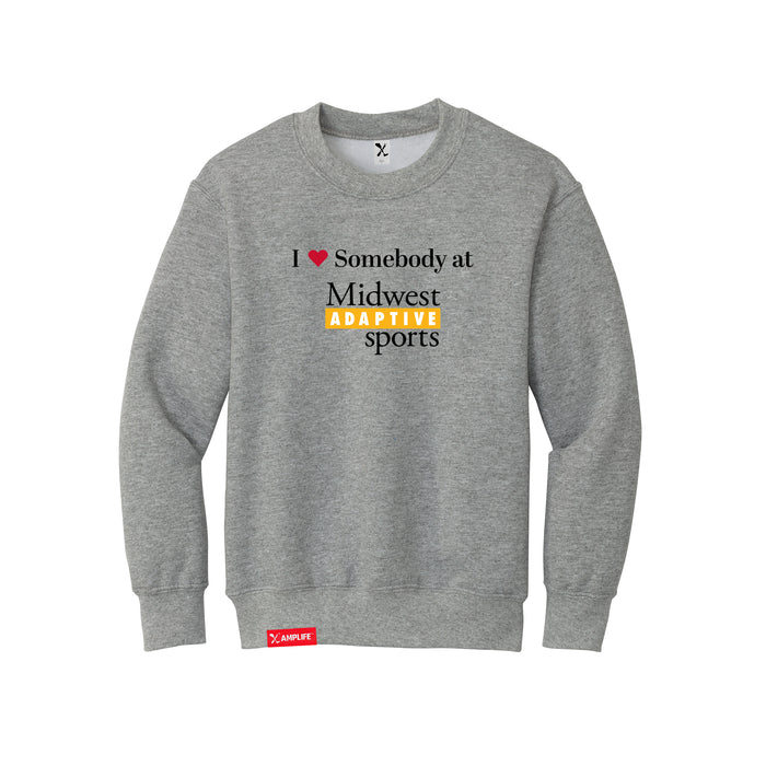 MAS Kansas City Kings Wheelchair Basketball I Love Somebody at MAS Youth Heather Grey Crewneck Sweatshirt on a white background