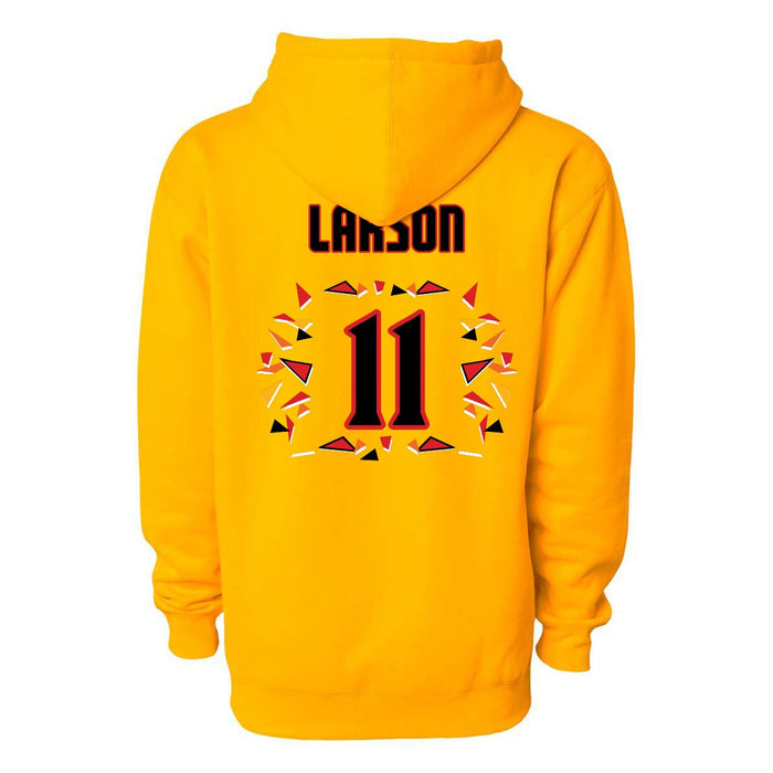 Back angle of the Asha Larson MAS Kansas City Kings Wheelchair Basketball Amplife Gold Hoodie against a white background