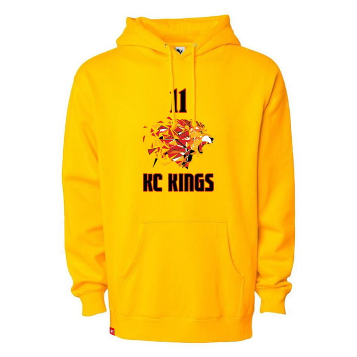 Front angle of the Asha Larson MAS Kansas City Kings Wheelchair Basketball Amplife Gold Hoodie against a white background