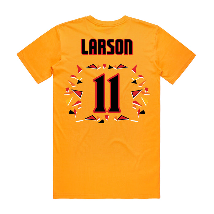 Back angle of the Asha Larson MAS Kansas City Kings Wheelchair Basketball Amplife Gold T-Shirt against a white background