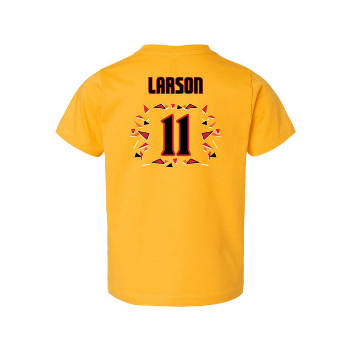 Back angle of the Asha Larson MAS Kansas City Kings Wheelchair Basketball Amplife Toddler Gold T-Shirt against a white background