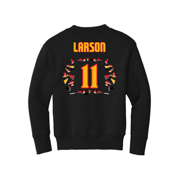 Back angle of the Asha Larson MAS Kansas City Kings Wheelchair Basketball Amplife Youth Black Crewneck Sweatshirt against a white background