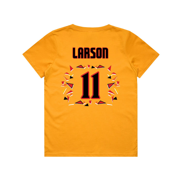 Back angle of the Asha Larson MAS Kansas City Kings Wheelchair Basketball Amplife Youth Gold T-Shirt against a white background