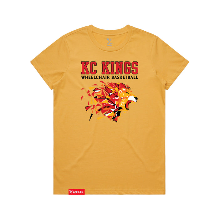 MAS Kansas City Kings Wheelchair Basketball Lion Women's Mustard T-Shirt on a white background