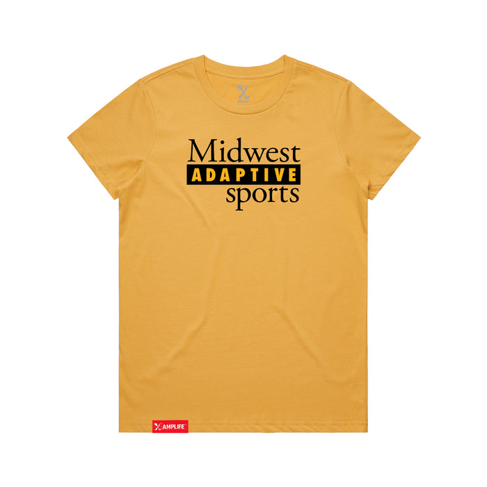 MAS Kansas City Kings Wheelchair Basketball MAS Logo Women's Mustard T-Shirt on a white background