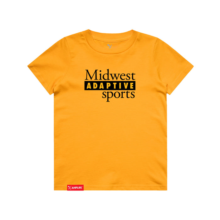 MAS Kansas City Kings Wheelchair Basketball MAS Logo Youth Gold T-Shirt on a white background