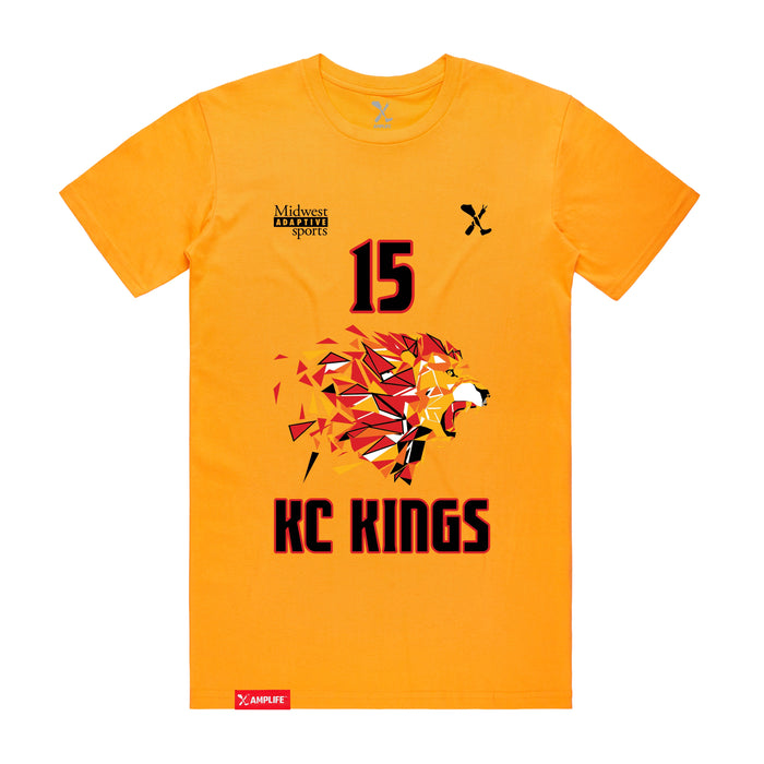 Front angle of the Milo Murphy MAS Kansas City Kings Wheelchair Basketball Amplife Gold T-Shirt against a white background