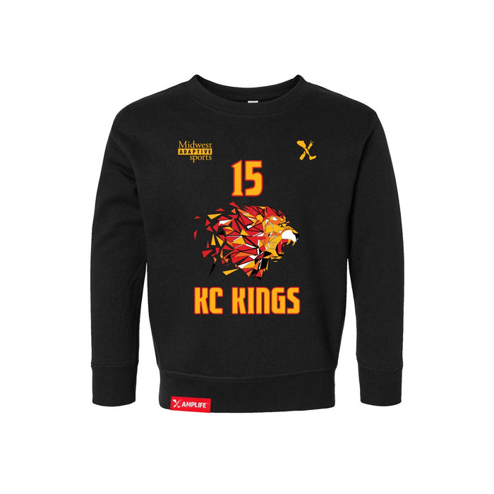 Front angle of the Milo Murphy MAS Kansas City Kings Wheelchair Basketball Amplife Toddler Black Crewneck Sweatshirt against a white background