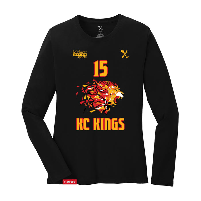 Front angle of the Milo Murphy MAS Kansas City Kings Wheelchair Basketball Amplife Women's Black Long Sleeve T-Shirt against a white background