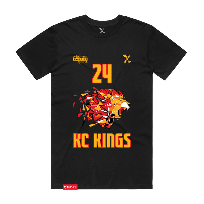 Front angle of the Yandel Pina MAS Kansas City Kings Wheelchair Basketball Amplife Black T-Shirt against a white background