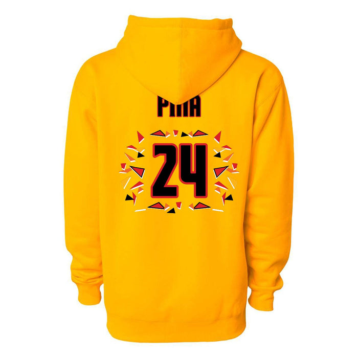 Back angle of the Yandel Pina MAS Kansas City Kings Wheelchair Basketball Amplife Gold Hoodie against a white background