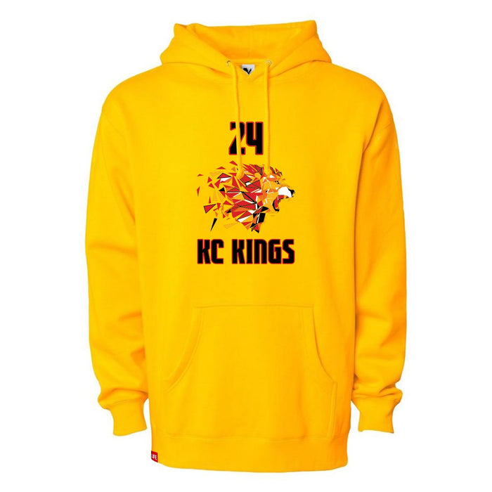 Front angle of the Yandel Pina MAS Kansas City Kings Wheelchair Basketball Amplife Gold Hoodie against a white background