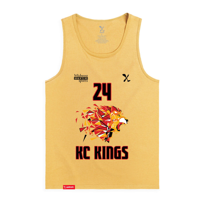 Front angle of the Yandel Pina MAS Kansas City Kings Wheelchair Basketball Amplife Squash Tank Top against a white background