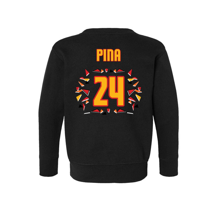 Back angle of the Yandel Pina MAS Kansas City Kings Wheelchair Basketball Amplife Toddler Black Crewneck Sweatshirt against a white background