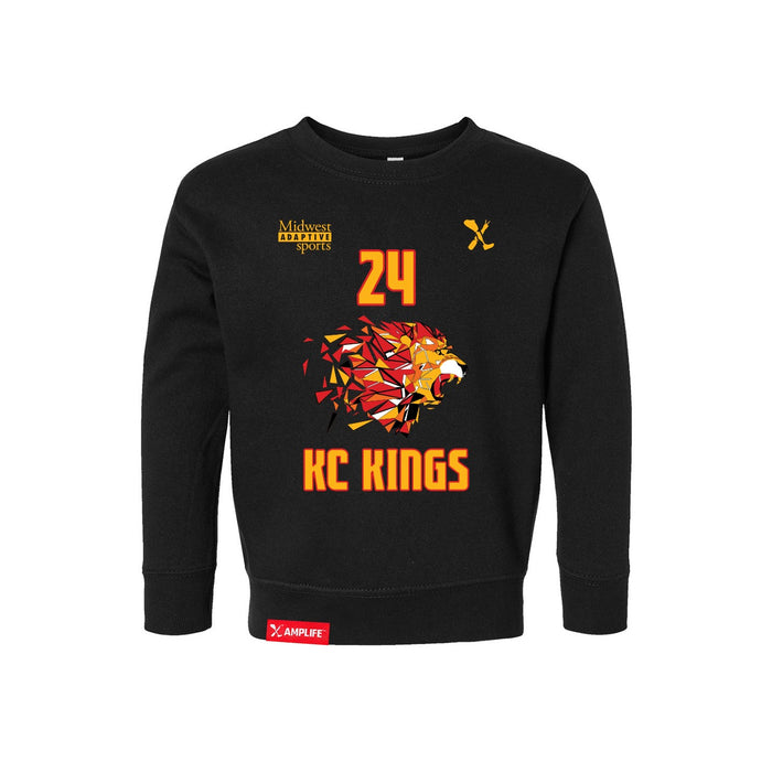 Front angle of the Yandel Pina MAS Kansas City Kings Wheelchair Basketball Amplife Toddler Black Crewneck Sweatshirt against a white background