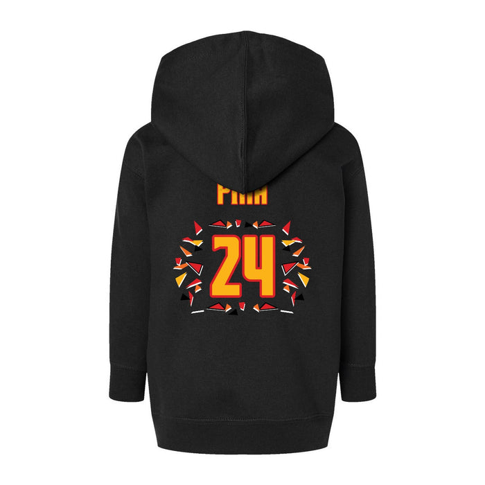Back angle of the Yandel Pina MAS Kansas City Kings Wheelchair Basketball Amplife Toddler Black Hoodie against a white background
