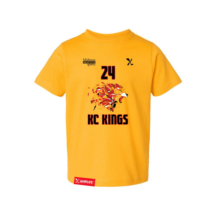 Front angle of the Yandel Pina MAS Kansas City Kings Wheelchair Basketball Amplife Toddler Gold T-Shirt against a white background