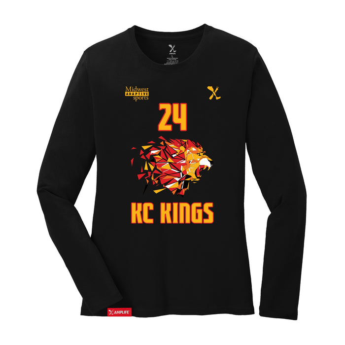 Front angle of the Yandel Pina MAS Kansas City Kings Wheelchair Basketball Amplife Women's Black Long Sleeve T-Shirt against a white background