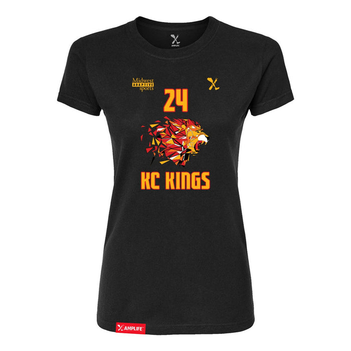 Front angle of the Yandel Pina MAS Kansas City Kings Wheelchair Basketball Amplife Women's Black Slim T-Shirt against a white background