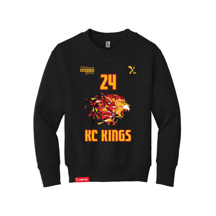 Front angle of the Yandel Pina MAS Kansas City Kings Wheelchair Basketball Amplife Youth Black Crewneck Sweatshirt against a white background