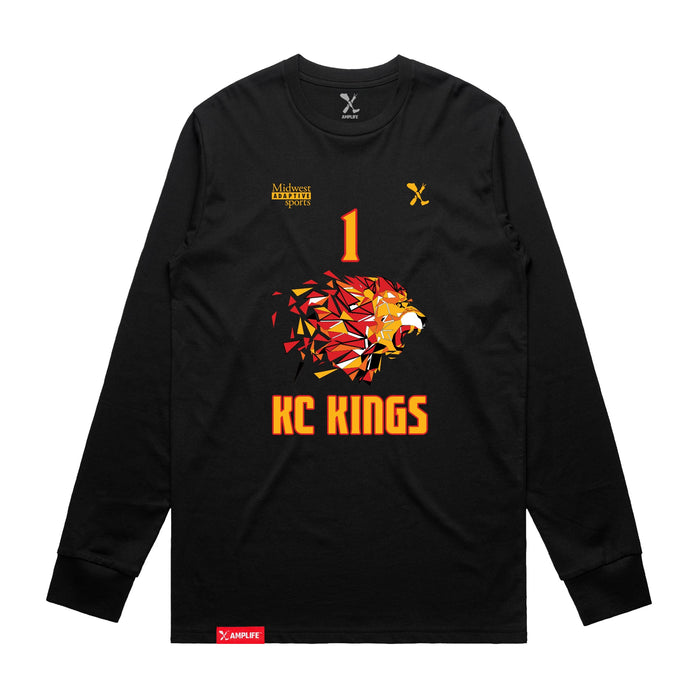 Front angle of the William Taylor MAS Kansas City Kings Wheelchair Basketball Amplife Black Long Sleeve T-Shirt against a white background