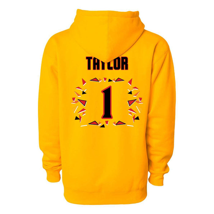 Back angle of the William Taylor MAS Kansas City Kings Wheelchair Basketball Amplife Gold Hoodie against a white background