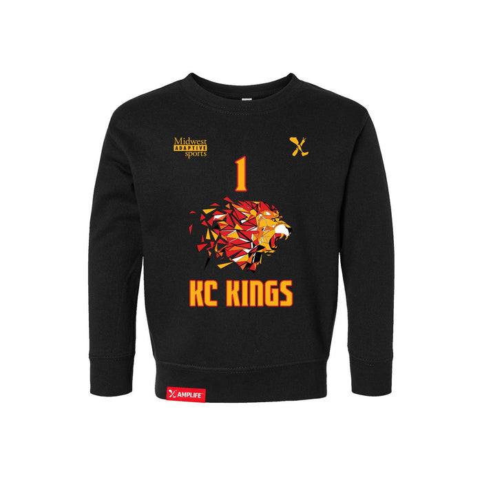 Front angle of the William Taylor MAS Kansas City Kings Wheelchair Basketball Amplife Toddler Black Crewneck Sweatshirt against a white background