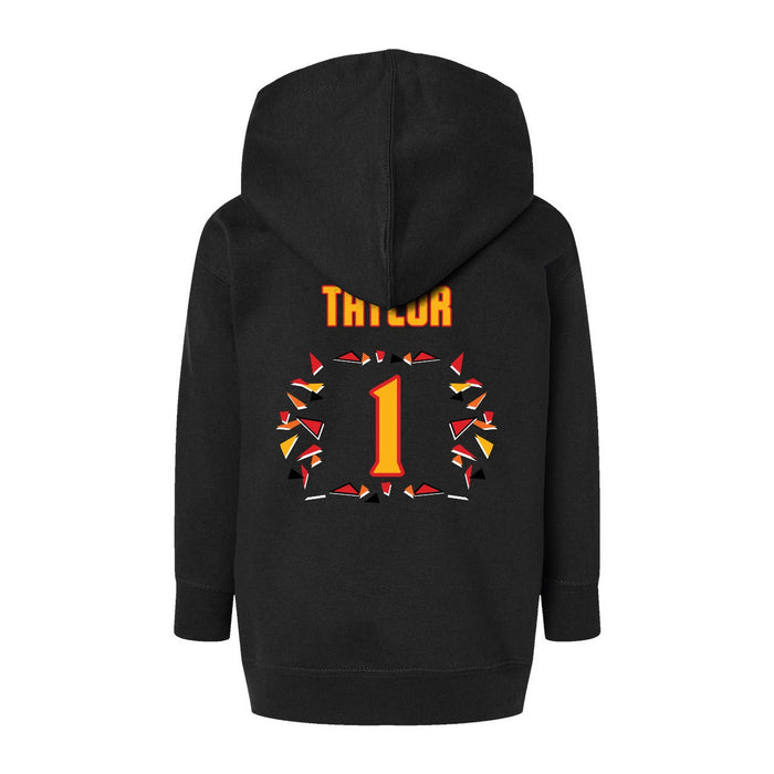 Back angle of the William Taylor MAS Kansas City Kings Wheelchair Basketball Amplife Toddler Black Hoodie against a white background