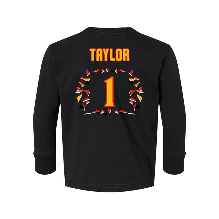 Back angle of the William Taylor MAS Kansas City Kings Wheelchair Basketball Amplife Toddler Black Long Sleeve T-Shirt against a white background